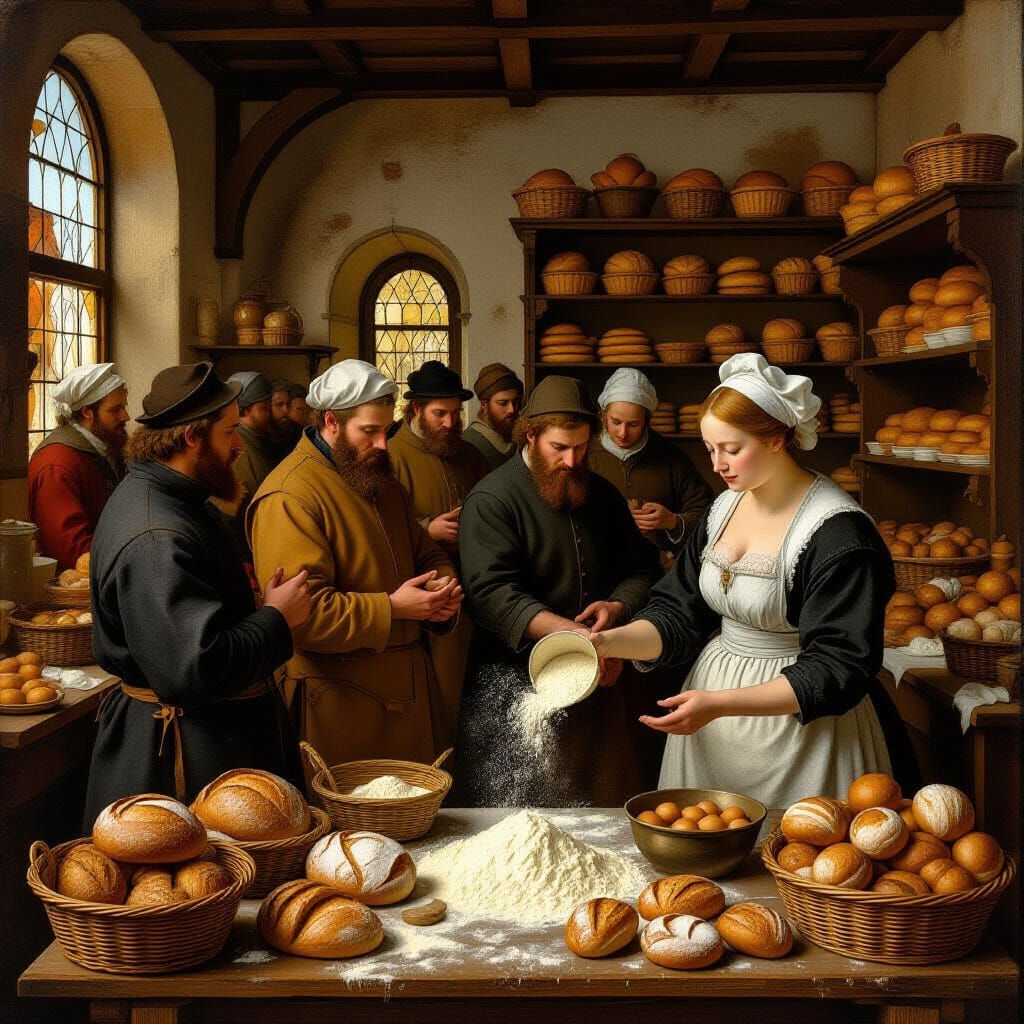 Busy Bakery Scene Inspired by Flemish Renaissance