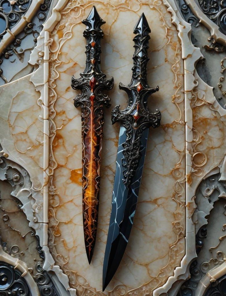 Ornate Onyx Dagger on Stone Slab, Detailed Manga