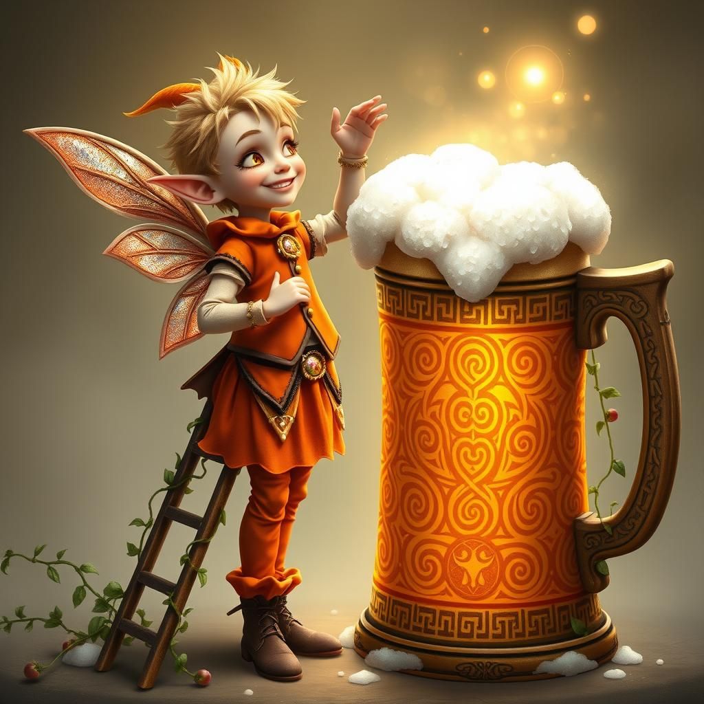 Fae Reaching for Giant Beer in Celtic Stein