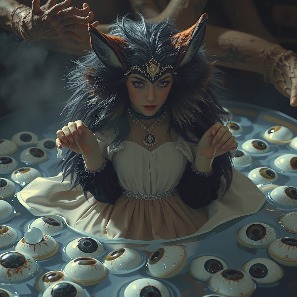 Mystical Wolf-Woman Bathes in Iridescent Eyeballs