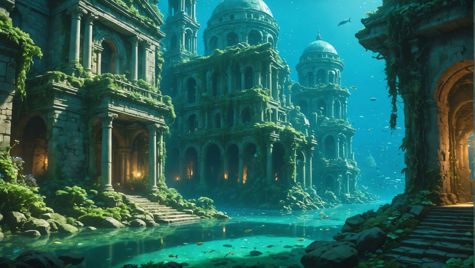 Underwater City Illuminated by Bioluminescent Glow in Whimsi...
