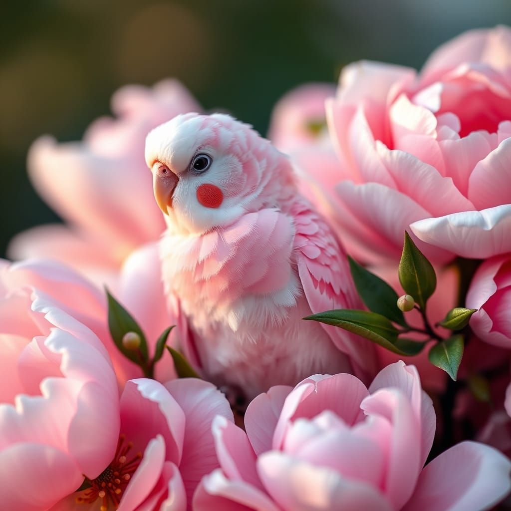 Pink Budgerigar in Peonies, Ethereal Lighting
