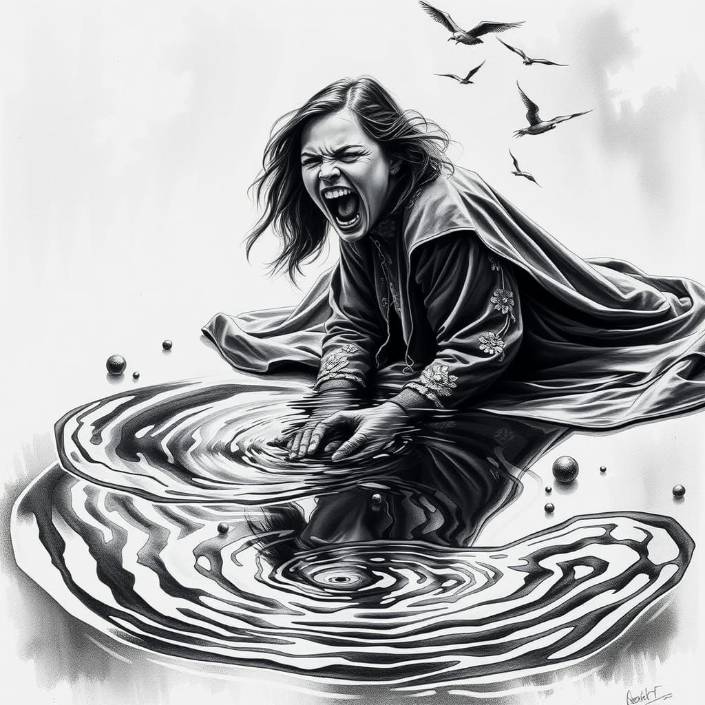 Woman Screaming into Puddle: Hyperdetailed Charcoal Drawing