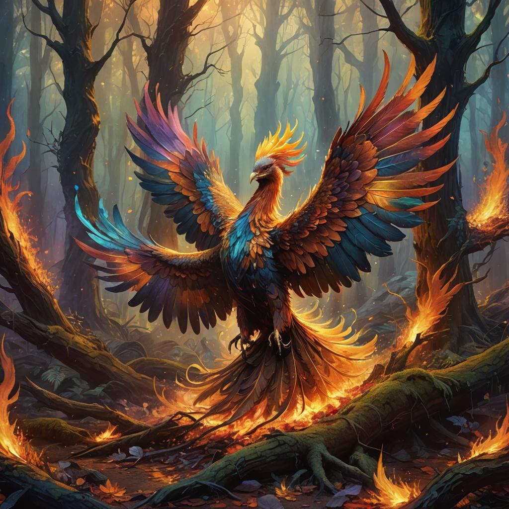 Phoenix Rising in Mystical Forest: Oil Painting