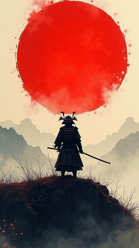 Samurai Silhouette Against Red Sun: Digital Ink Art