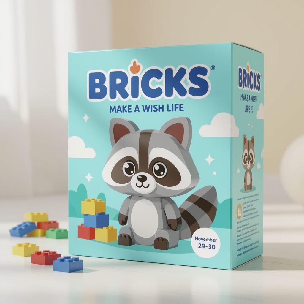 Photorealistic Toy Constructor Box with Chibi Raccoon Design