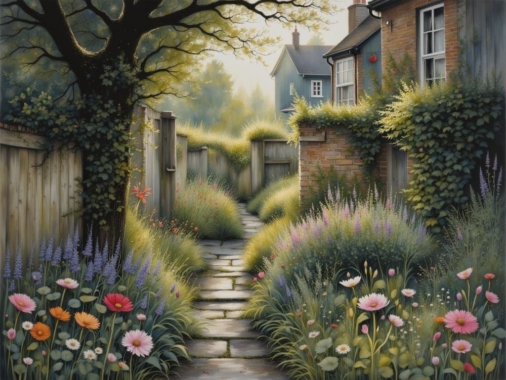 Sunlit Garden Between Dark Houses: Watercolor Style