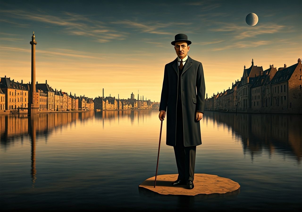 Style of Rene Magritte, Magritte in a surreal Belgian landsc...