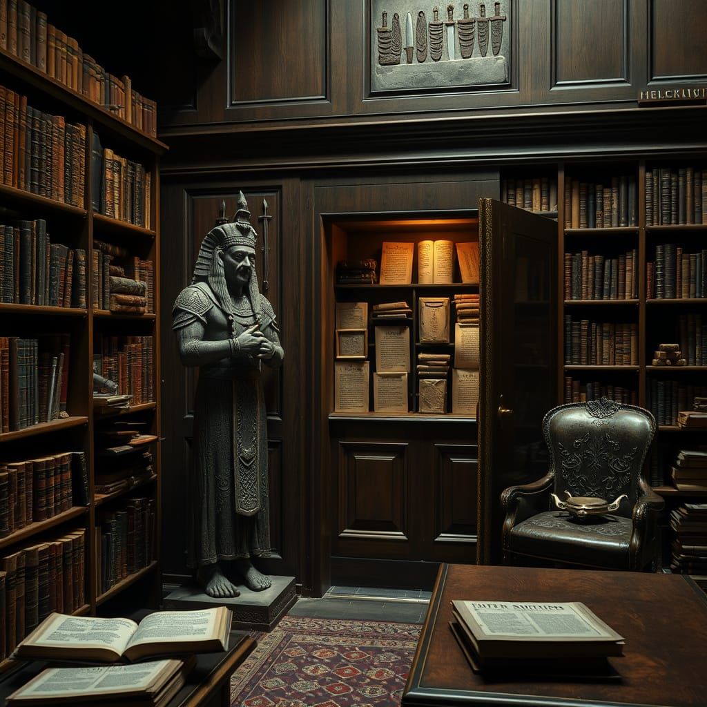 Victorian Study with Istar Statue, Cinematic Film Still