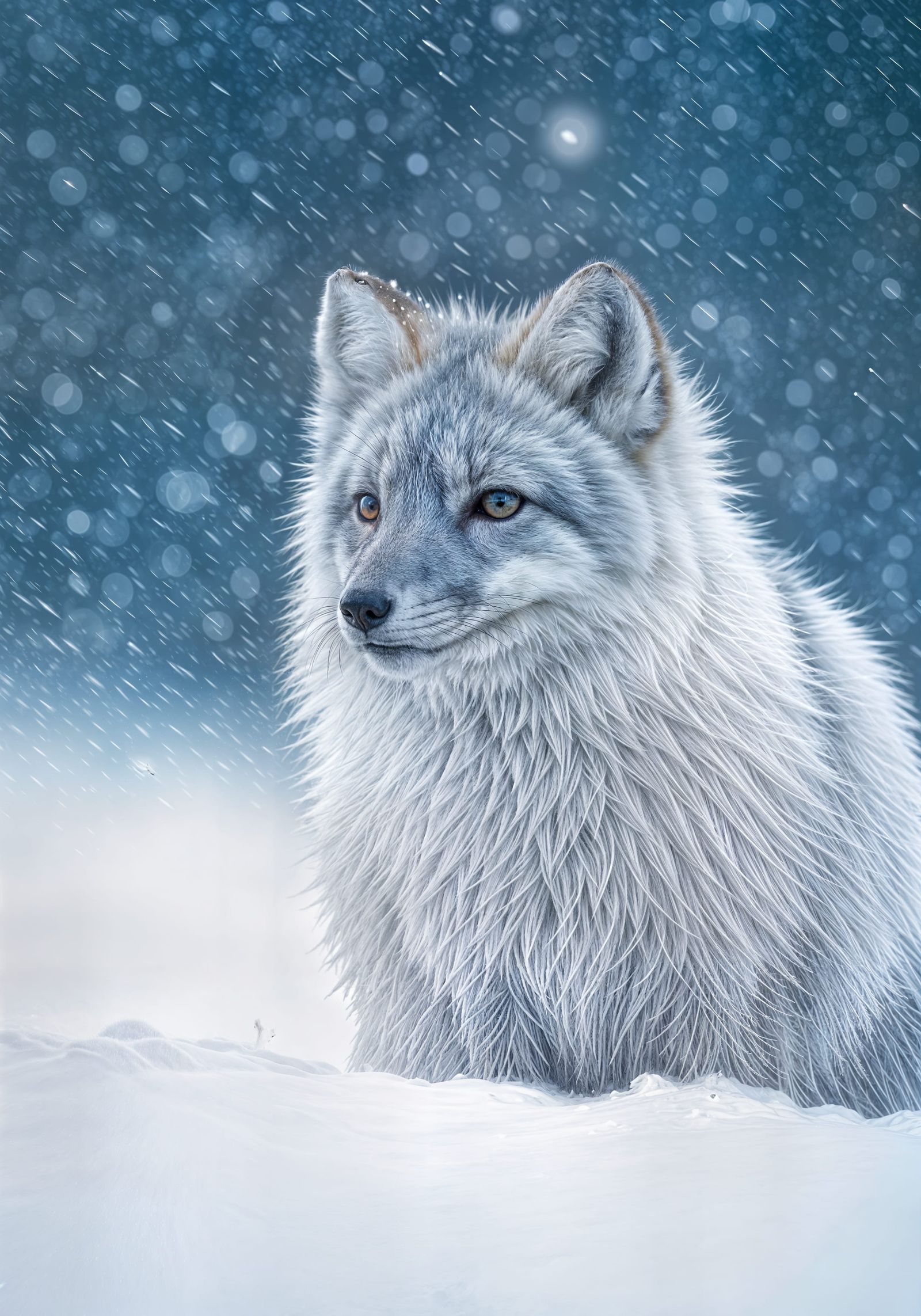 Snow Fox Navigating Blizzard in Tundra Landscape