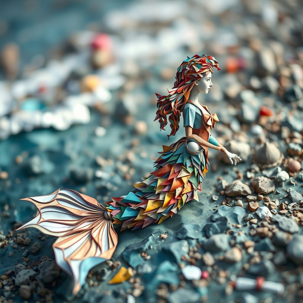 Colorful Paper Mermaid Lies on Ocean Shore