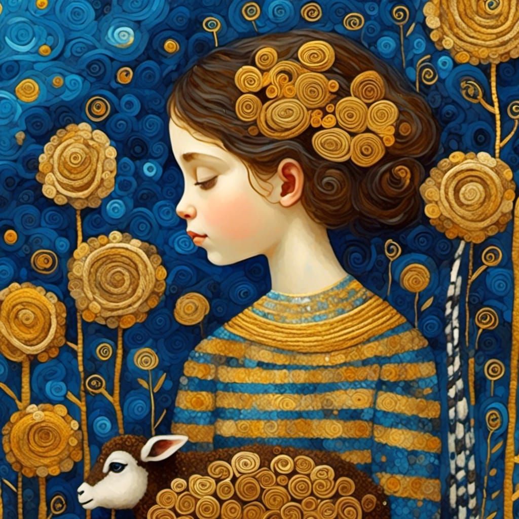 Mary Knitting with Sheep, Klimt-Inspired Portrait