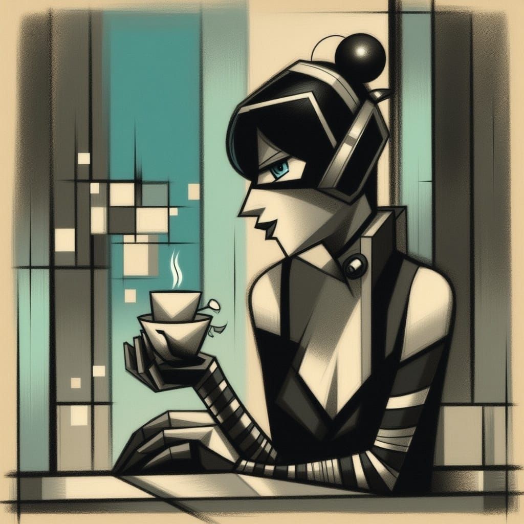 Cyberpunk Firefly Drinks Coffee in Night City