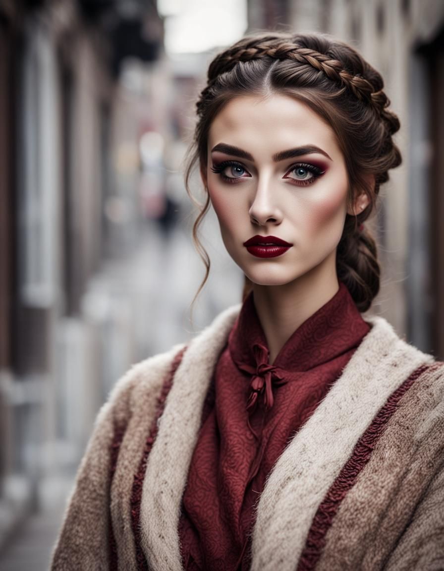 Teenage Girl in Red Gown, Graffiti Art Style