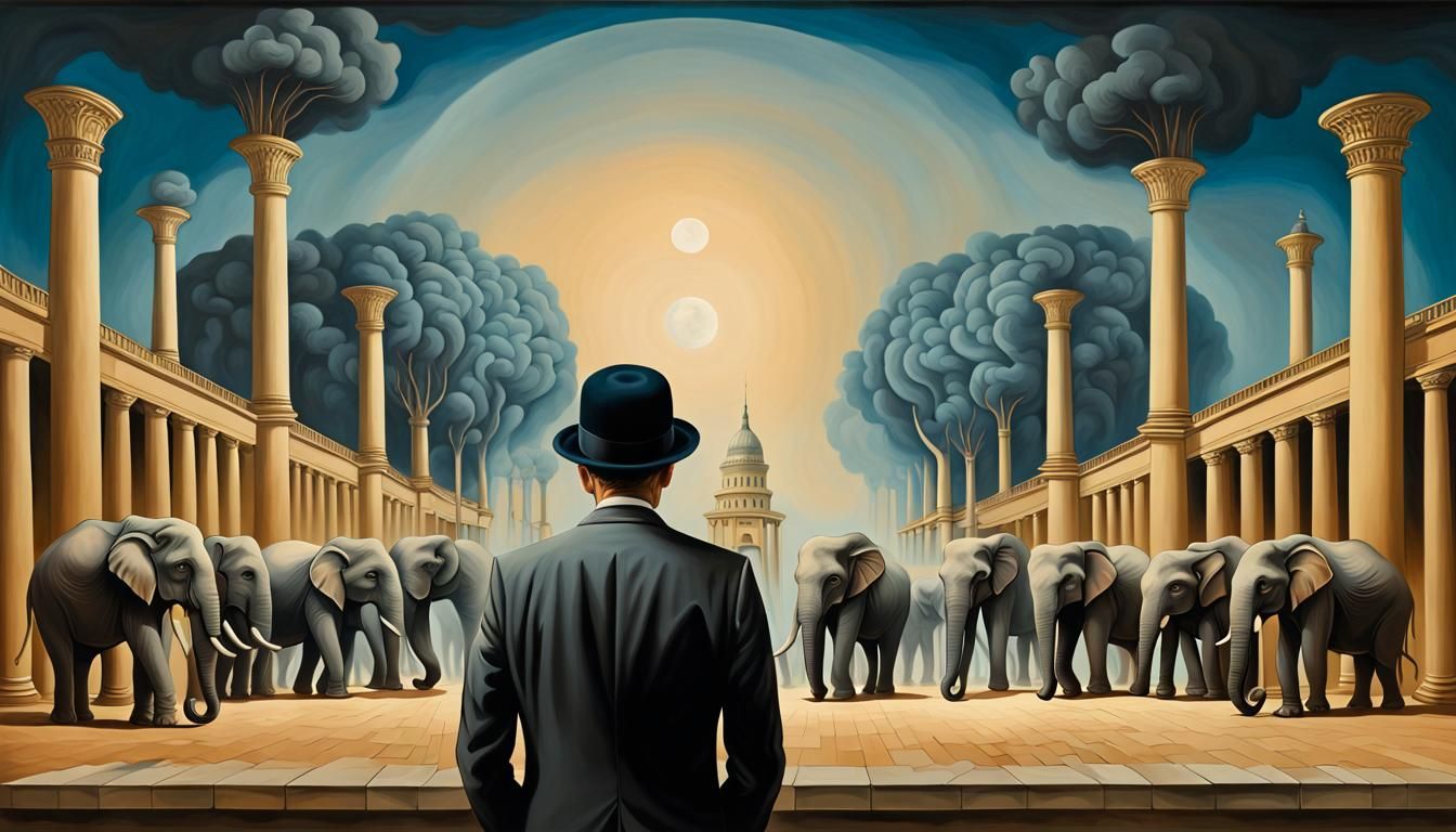 Magritte Style: Man with Bowler Hat and Elephants