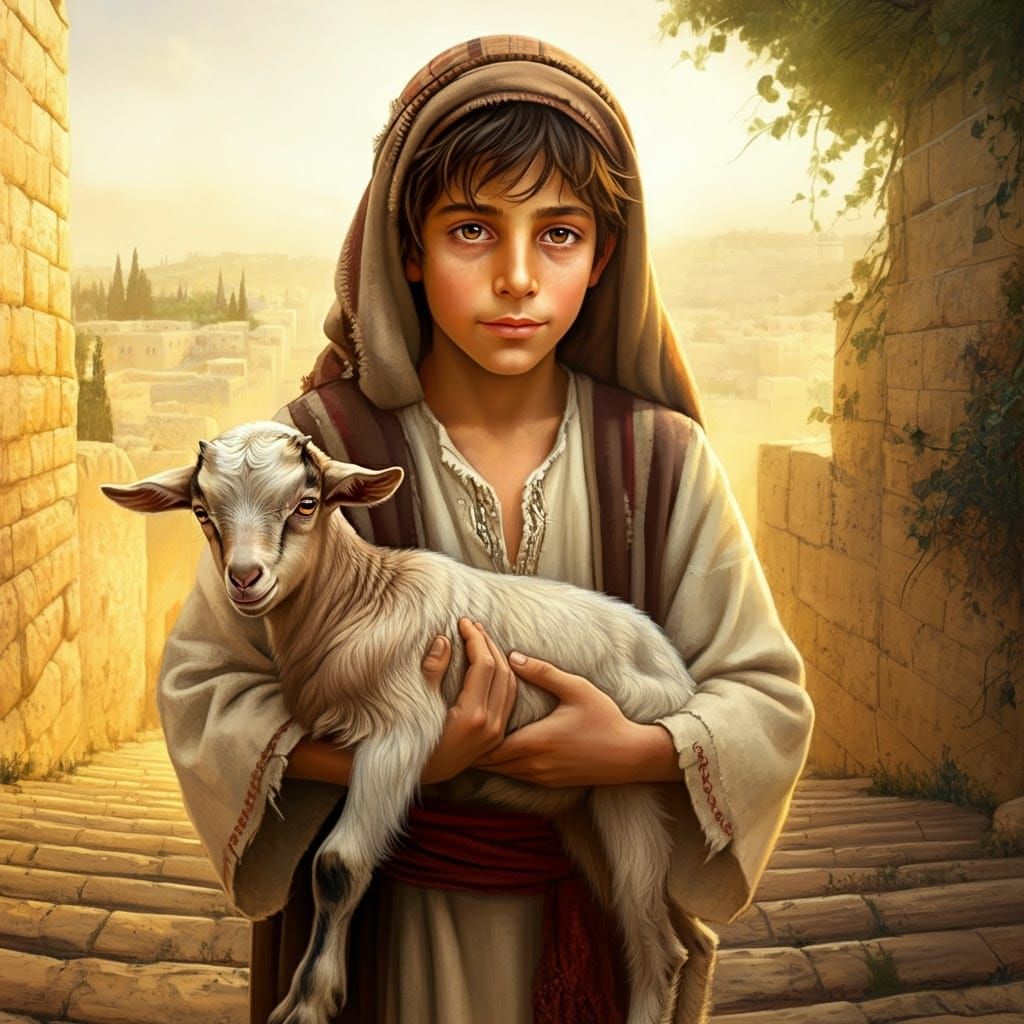 Youthful Hebrew Boy Cradles Innocent Goat on Winding Path to...