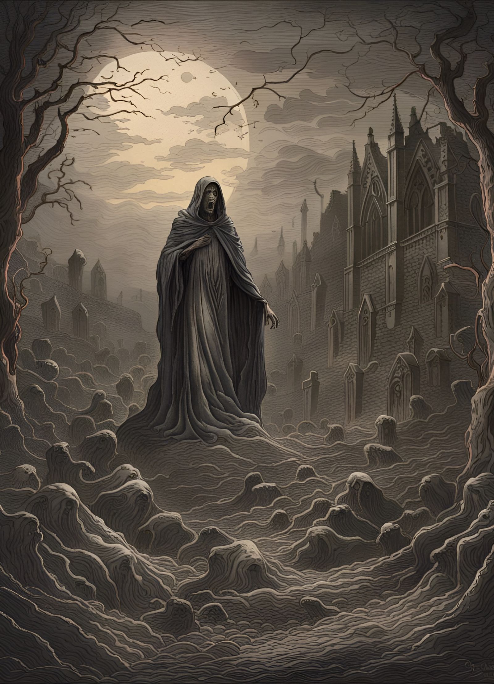 Wraith Rises from Gothic Graveyard: Copper Engraving