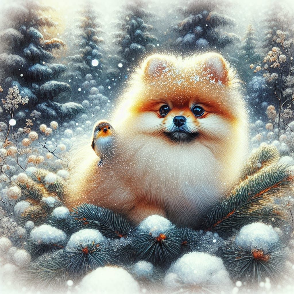 Surreal Winter Wonderland with Pomeranian and Bird in Waterc...
