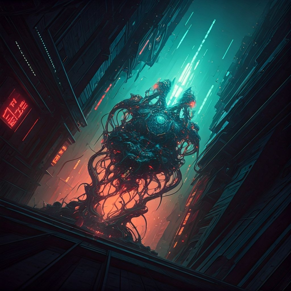 Cyberpunk Cityscape with Bio-Organic Creatures
