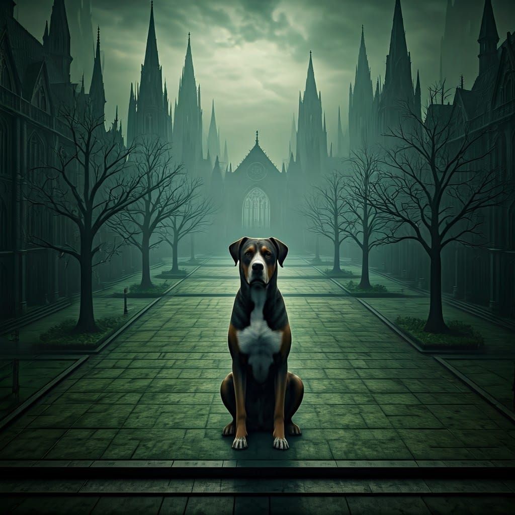 Majestic Dog in Eerie Green Quad, Classicist Style, 8K Rende...