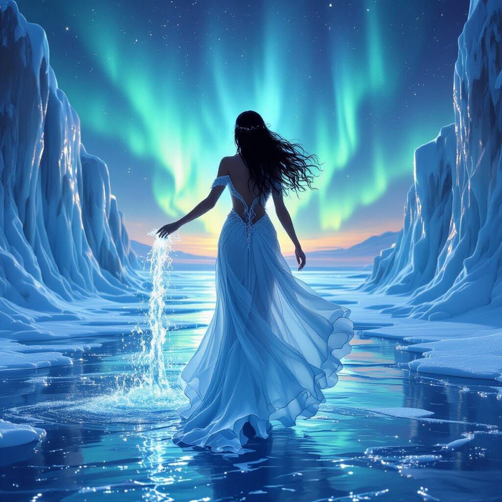 Water Goddess on Frozen Sea Under Aurora Borealis