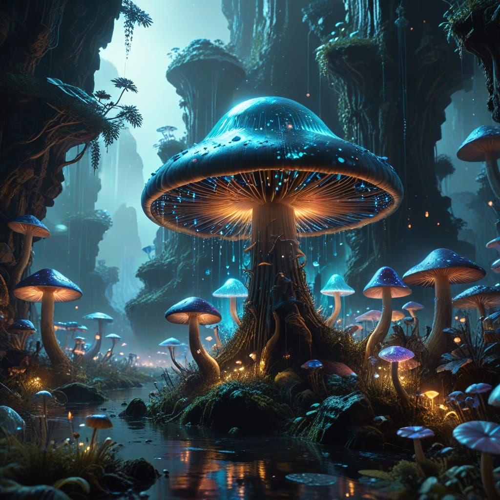 Bioluminescent Mushroom City with Ethereal Beings