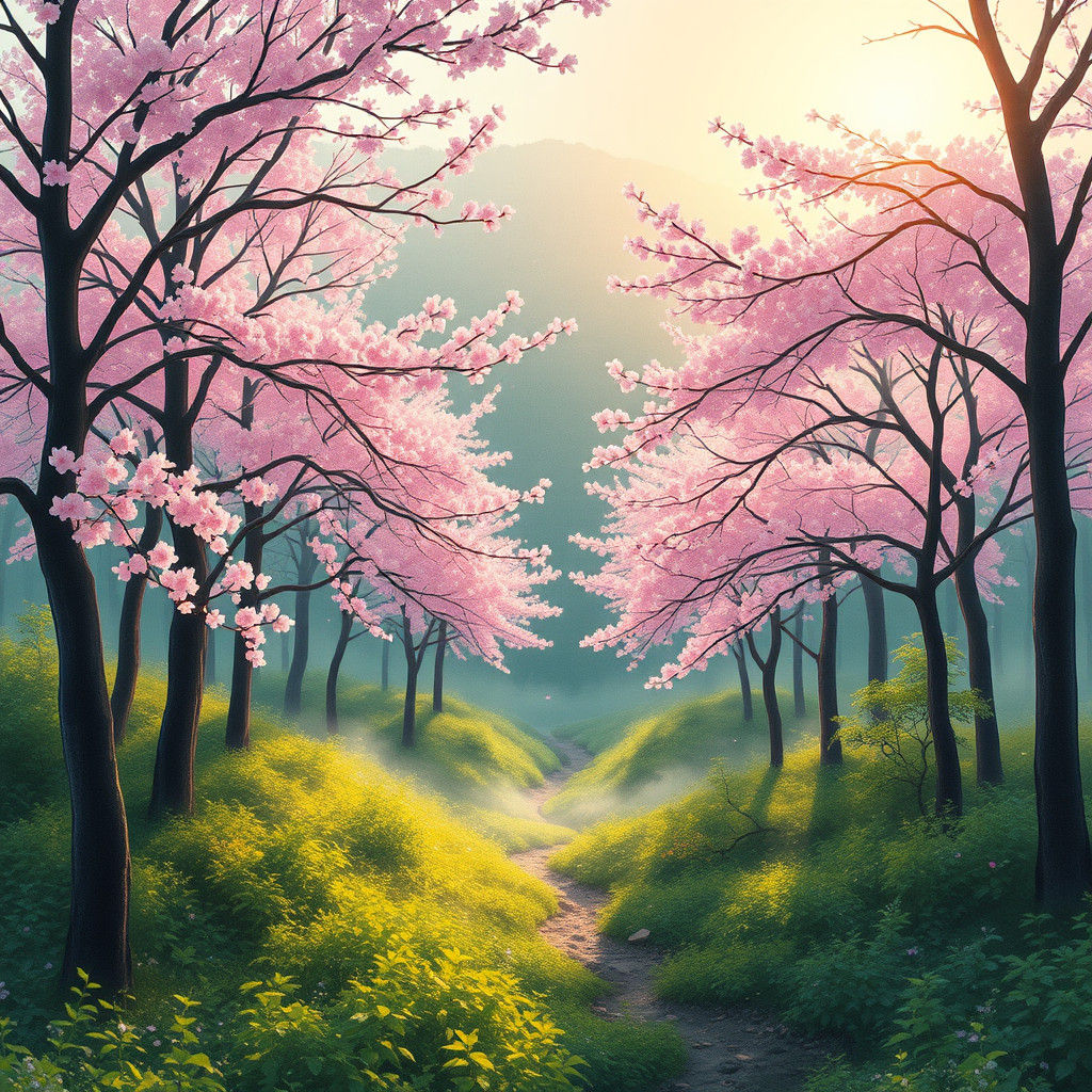 Japanese Sakura Forest Sunrise: Dreamy Watercolor Landscape
