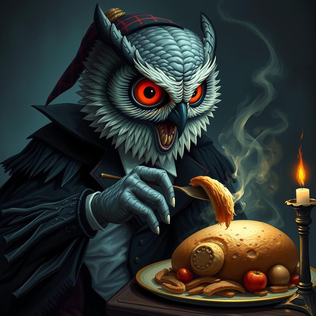 Sinister Owl's Nightmarish Feast: A Burtonesque Vision