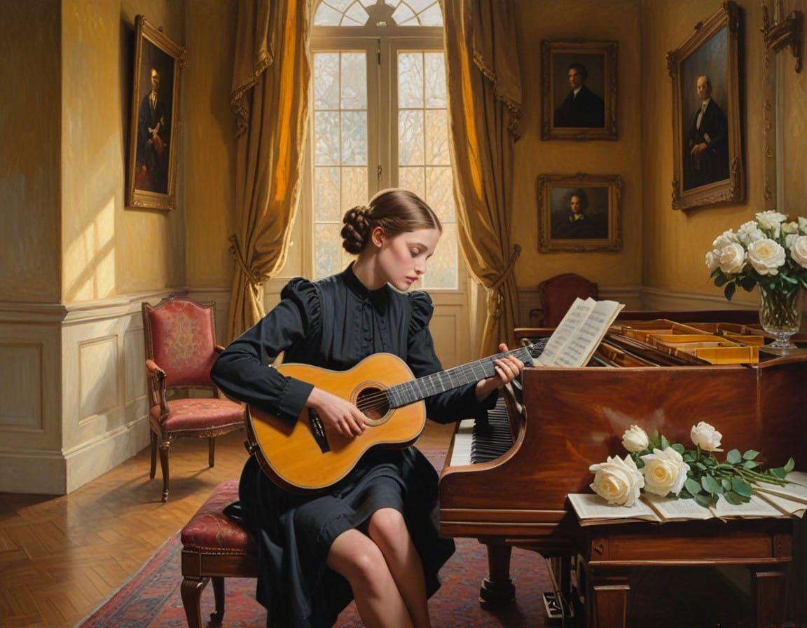 Romantic Oil Painting of a Young Woman at the Piano