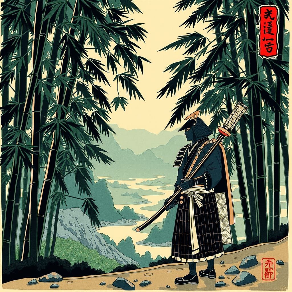 Samurai in Japanese Garden, Ukiyo-e Style