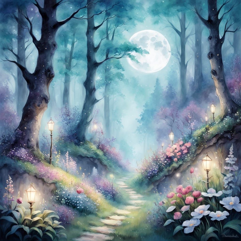 Whimsical Watercolor Landscape of Spring Forest under Pale M...