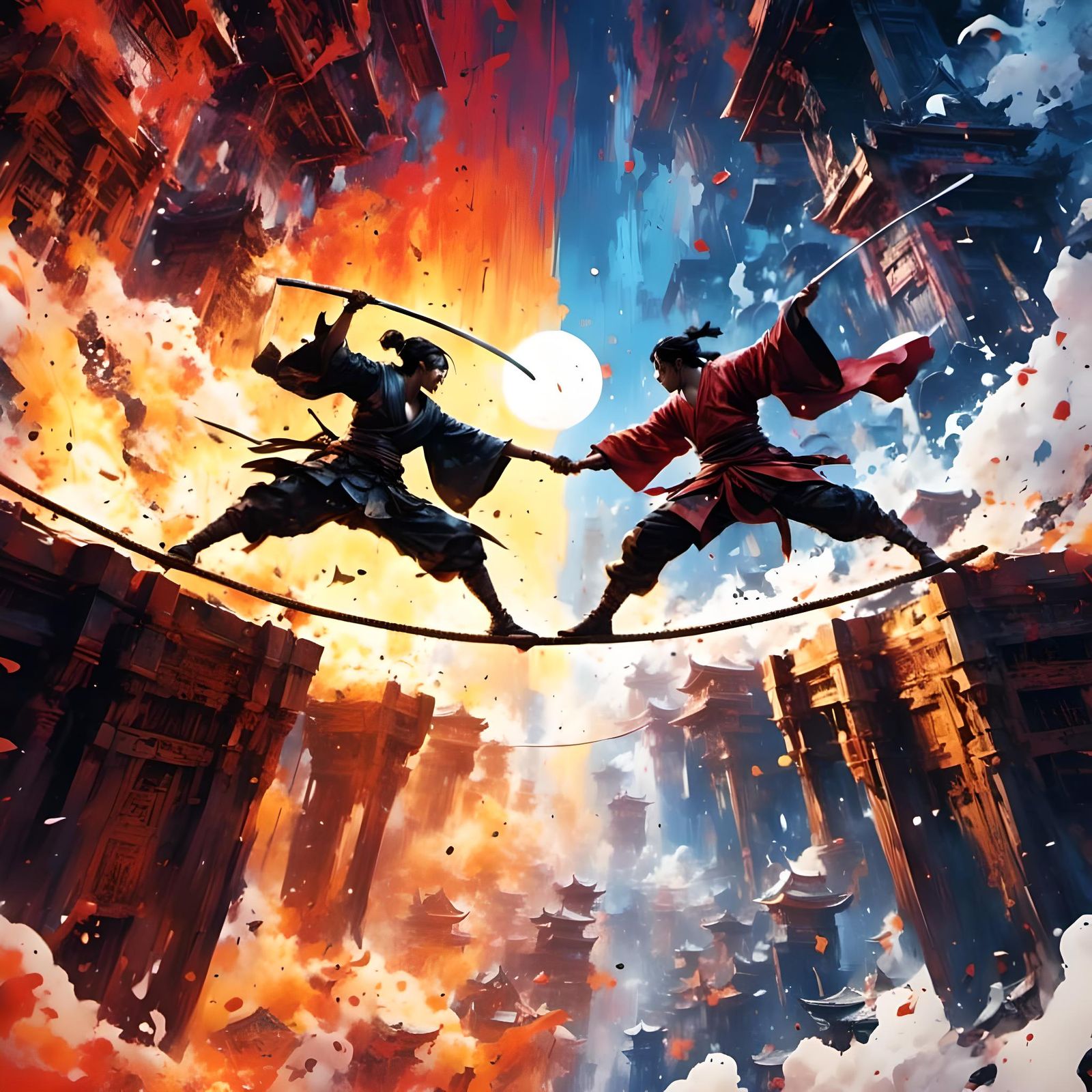 Samurai Battle Over Abyss in Japanese Anime Style