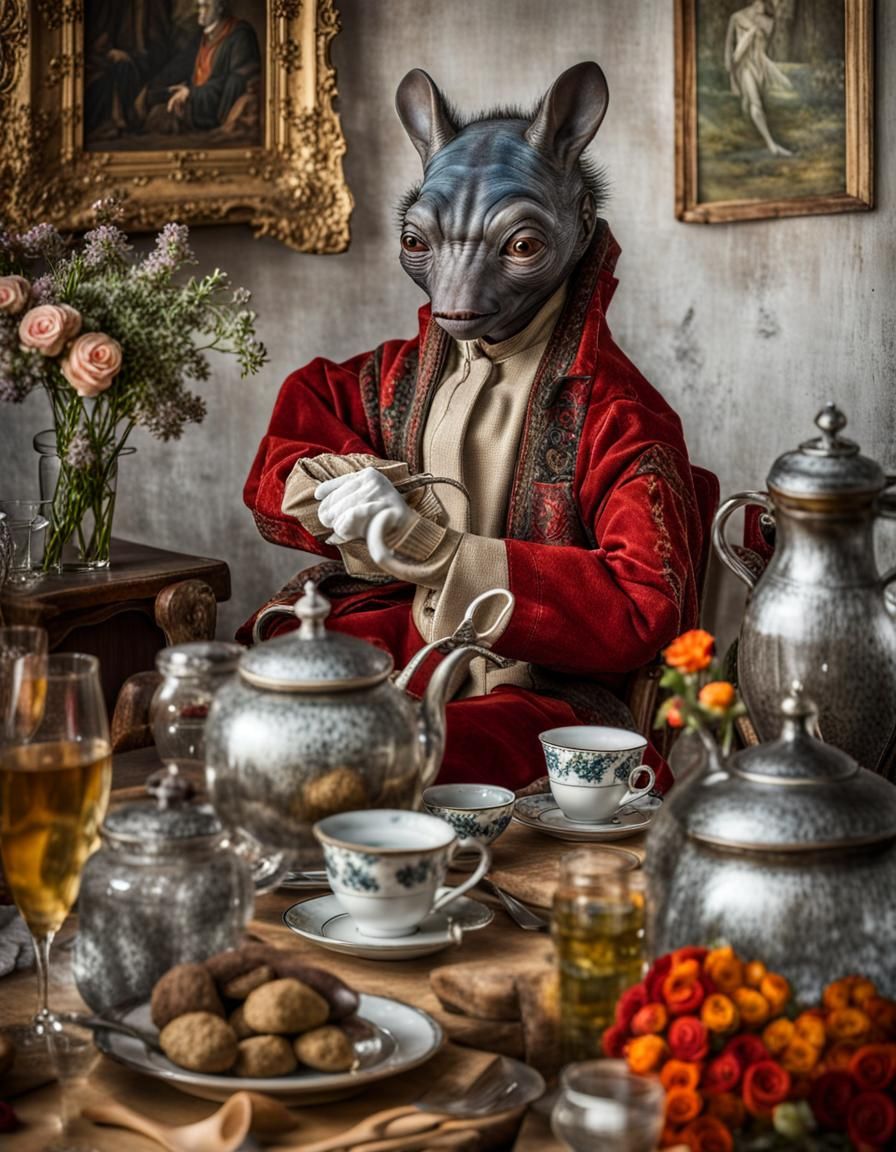 Exotic Alien Celebration in Surreal Restaurant Setting