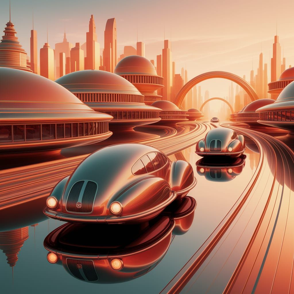 Retro-Futuristic Cityscape in Warm Orange Hues