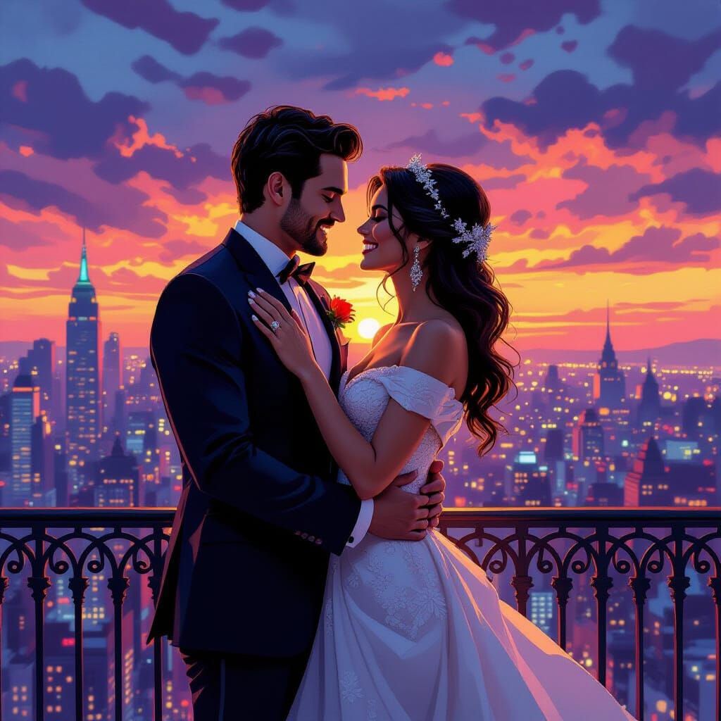 Couple Singing in Cityscape with Surrealist Flair