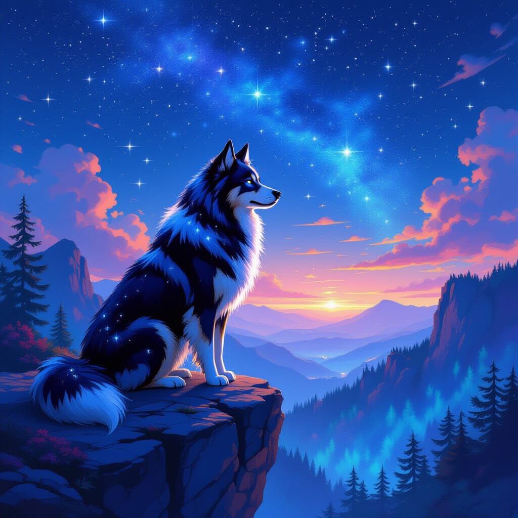 Starry Canine Overlooking Bioluminescent Forest