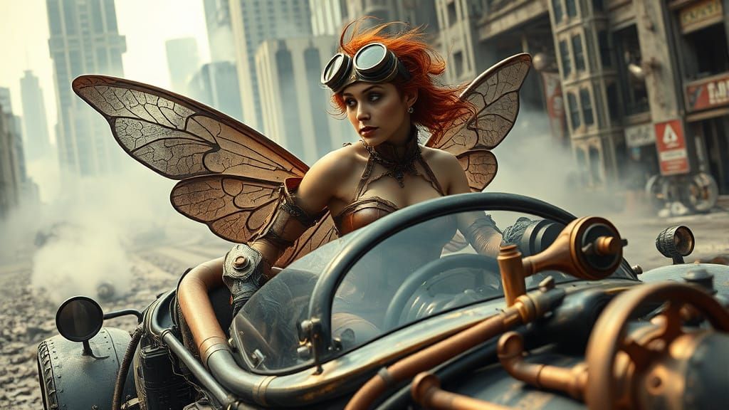 Steampunk Fairy Drives Armored Car Through Ruined City