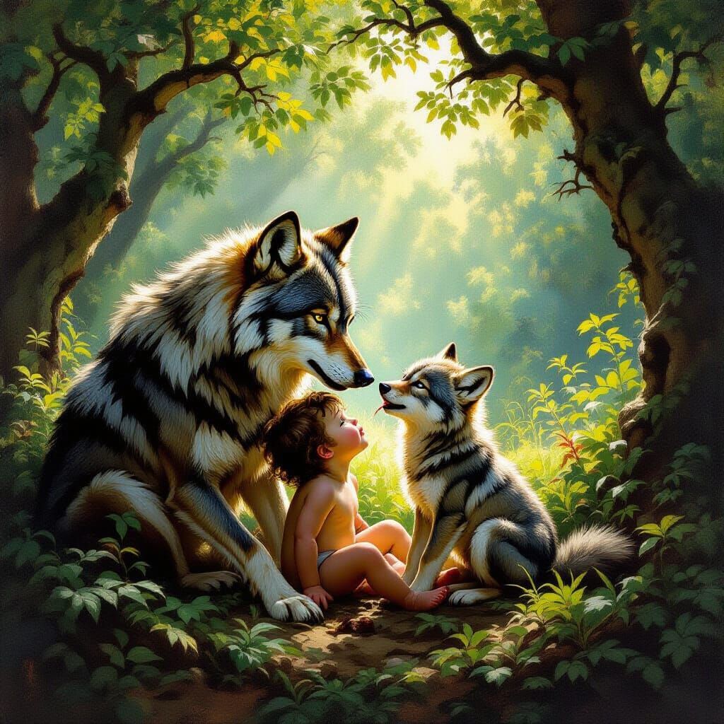 Romulus and Remus Suckling Wolf in Forest, Baroque Style