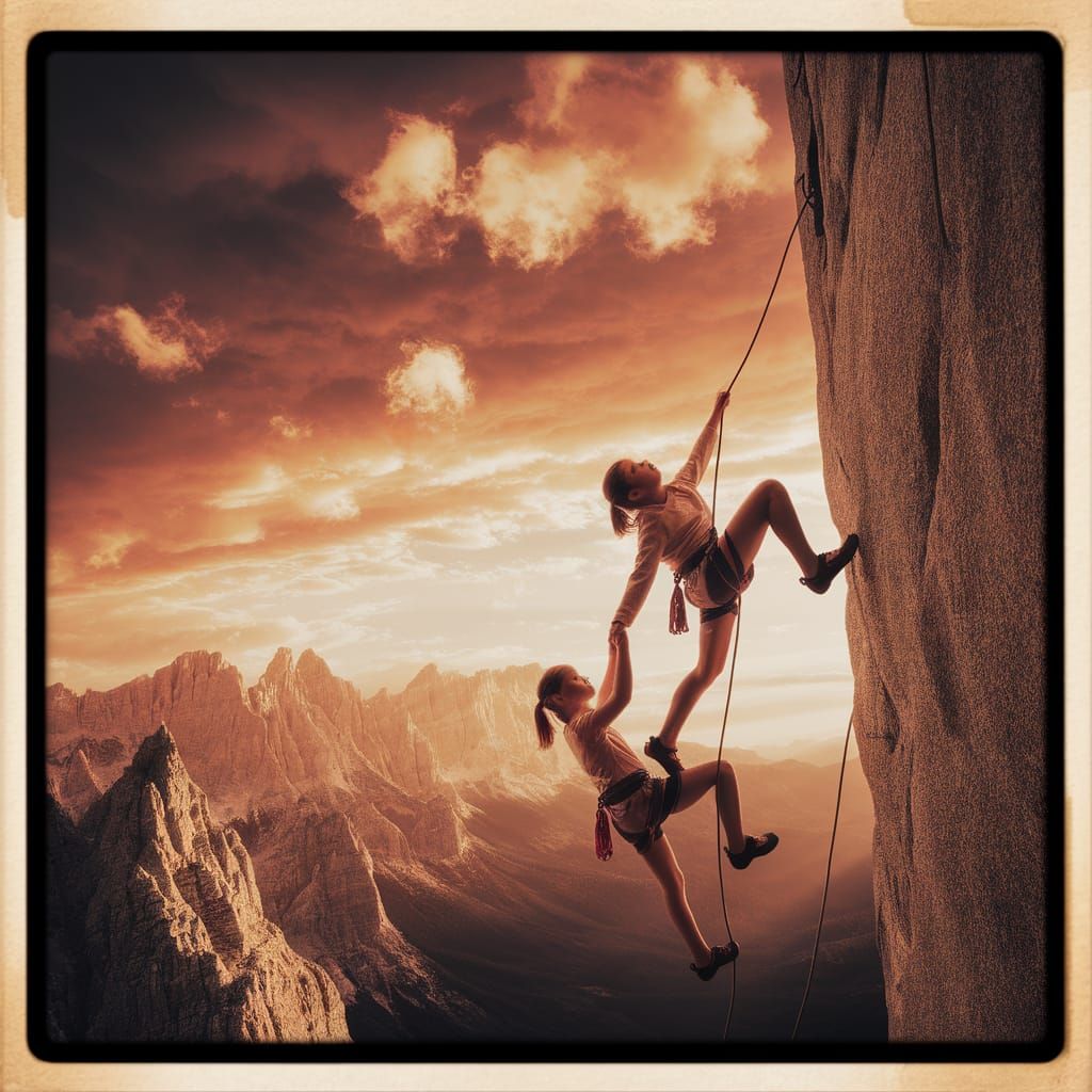 Girls Ascend Fantastical Rock Face in Dramatic Light