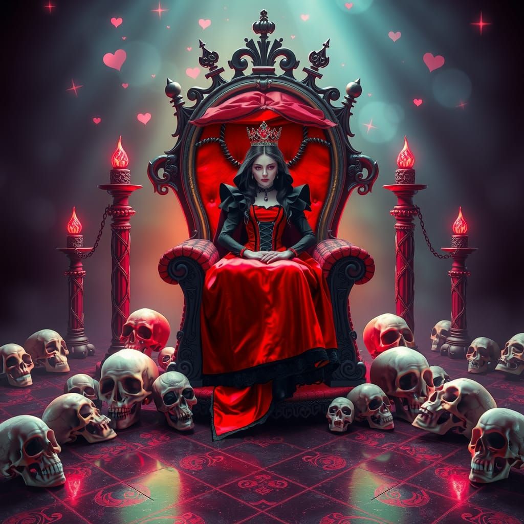 Queen of Hearts on Skull Throne in Dark Fantasy