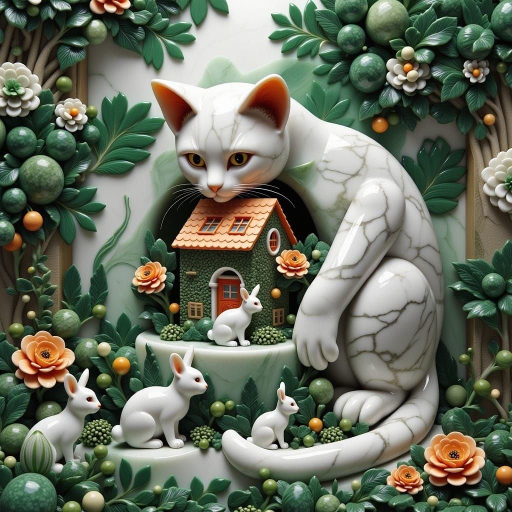 Surreal Marble Mansion with Whimsical Feline and Rabbits in ...