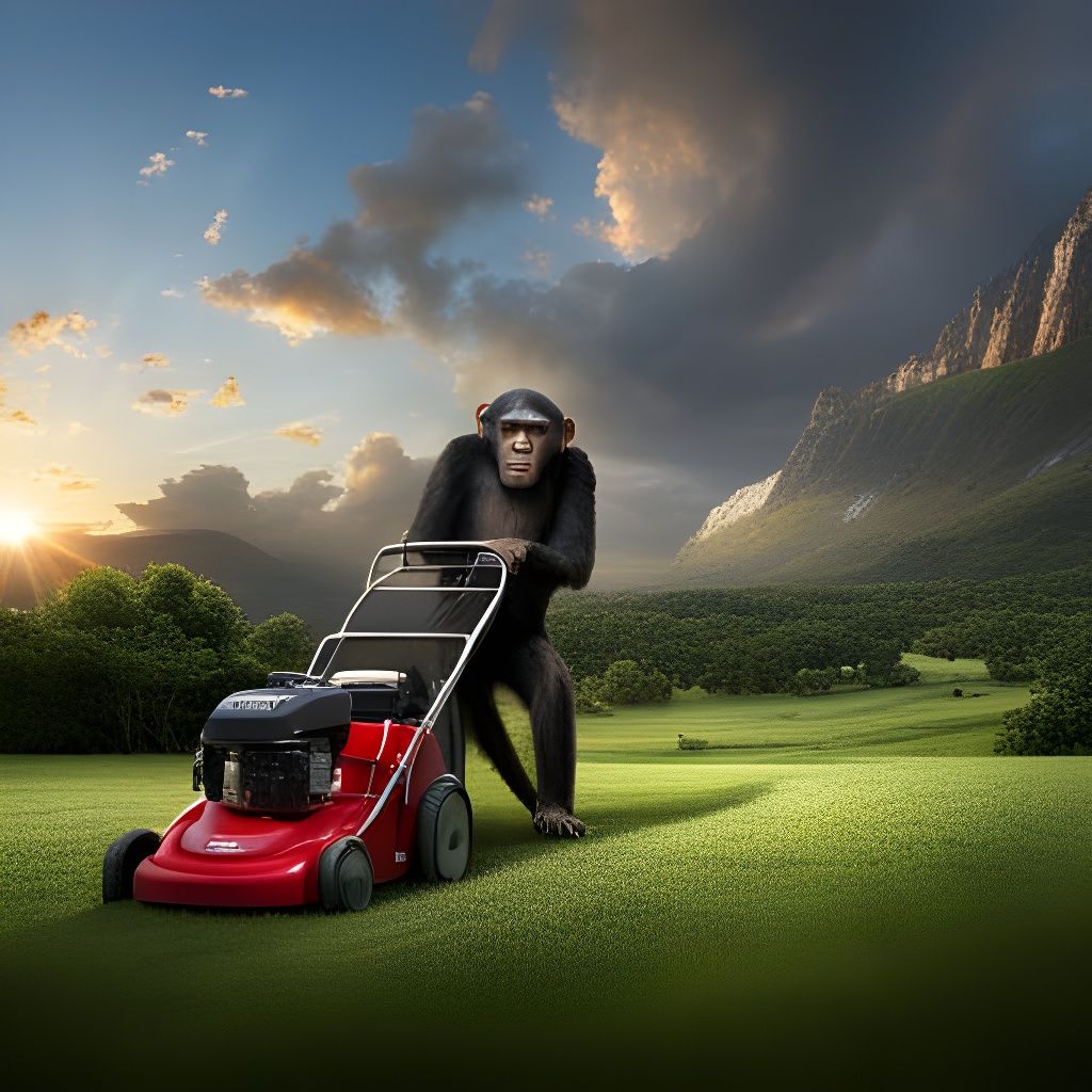 Chimpanzee Mowing Lawn: Detailed Matte Painting