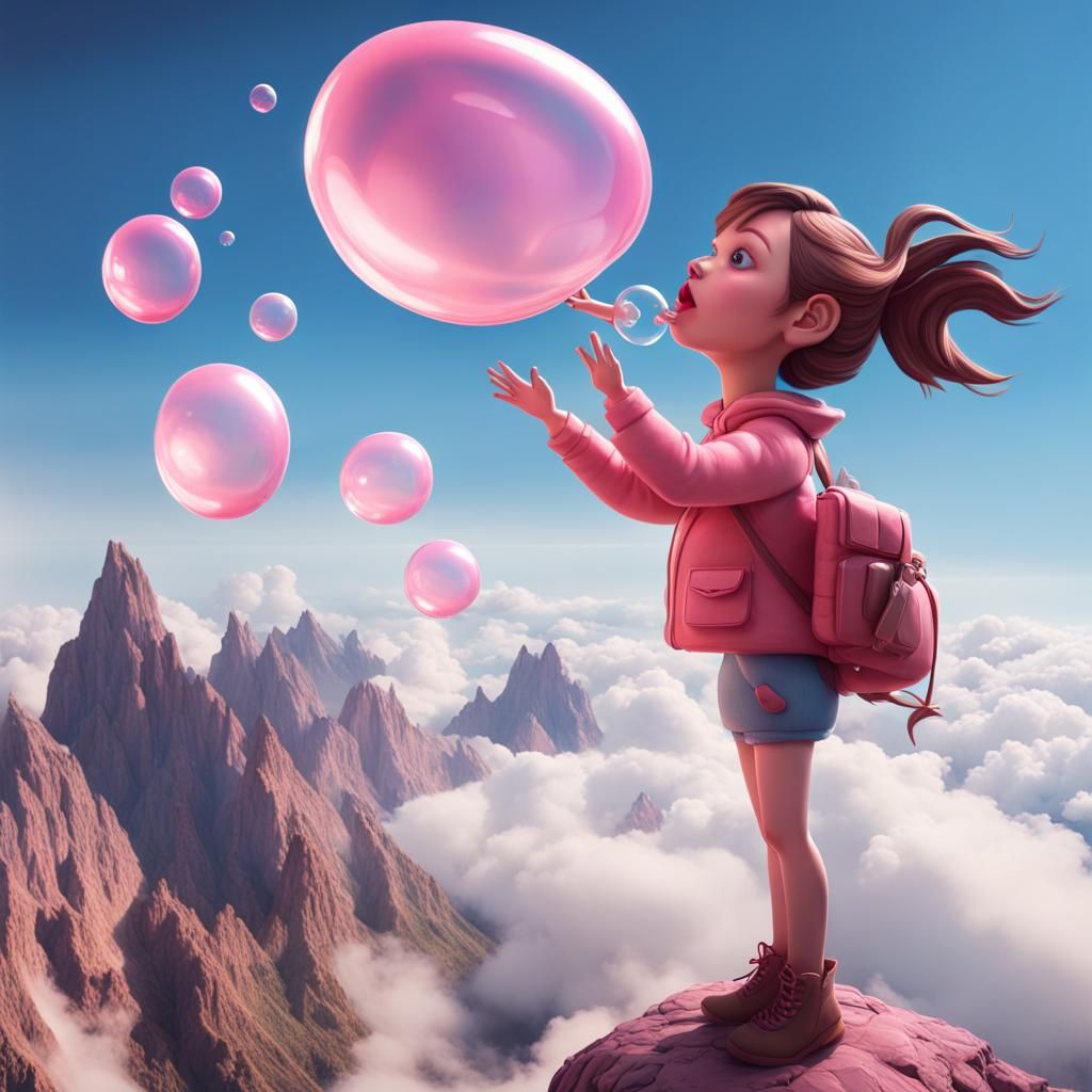 Girl Flies on Bubblegum Bubble in 3D Style