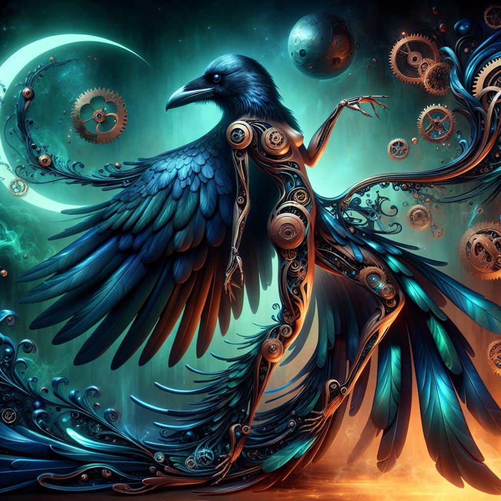 Mystical Raven Transforms into Ethereal Female Clockwork Bea...