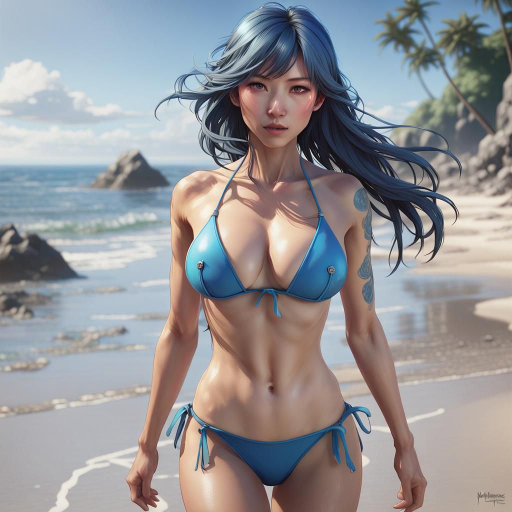 Japanese Woman in Blue Bikini on Beach