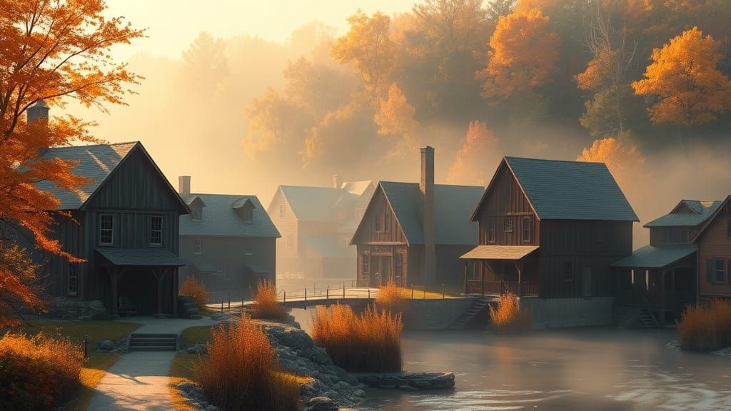Golden Autumn Mill Village in Impressionist Style
