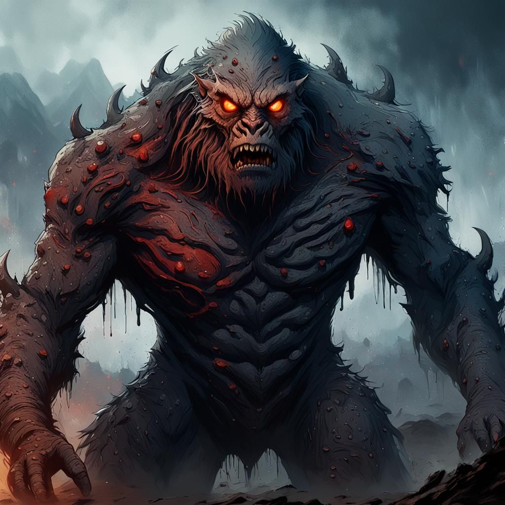 Mud Colossus in Misty Wasteland: Dark Fantasy Art