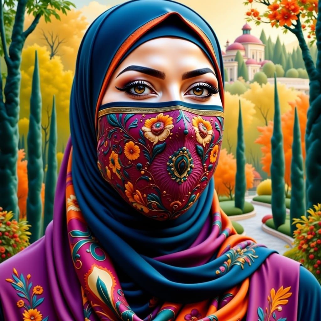 Gaudi-Inspired Hijabi Beauty in Vibrant Garden
