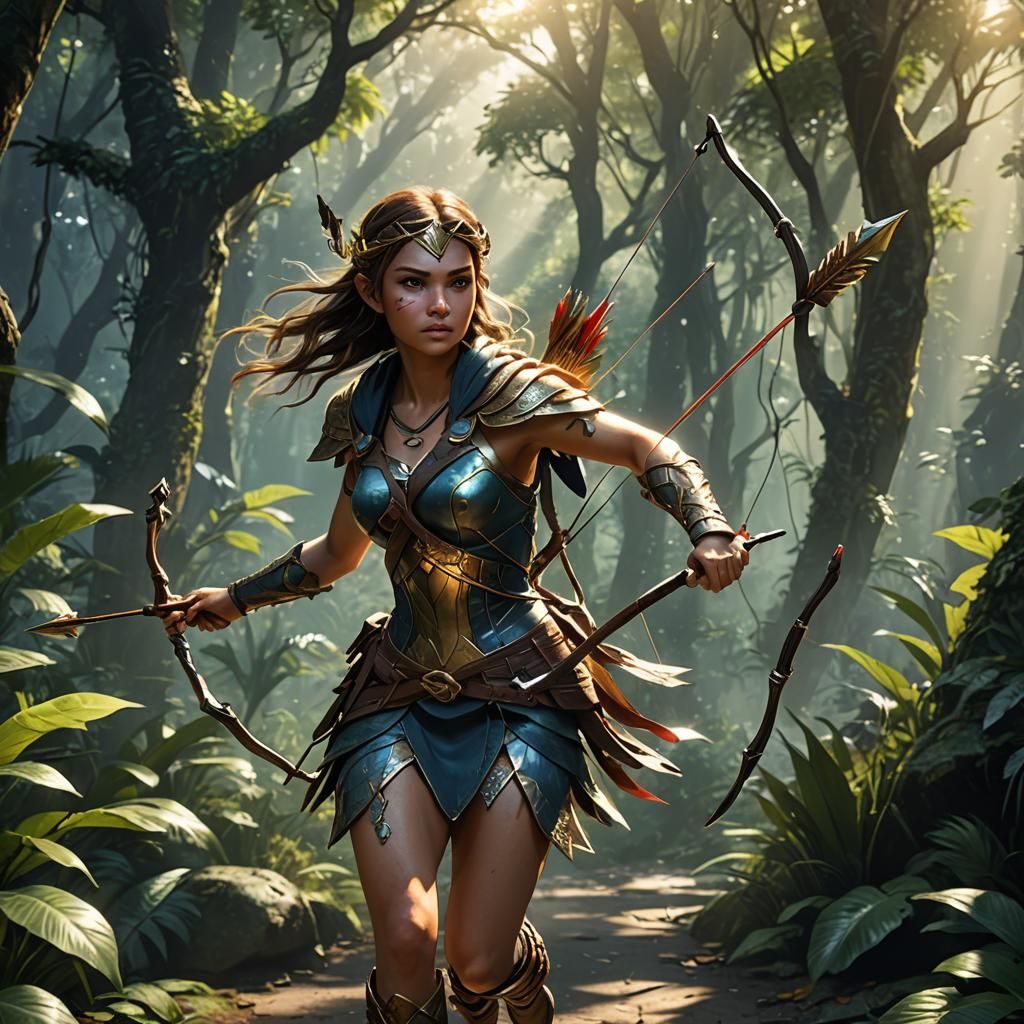 Fairy Warrior Runs Through Jungle: Digital Art
