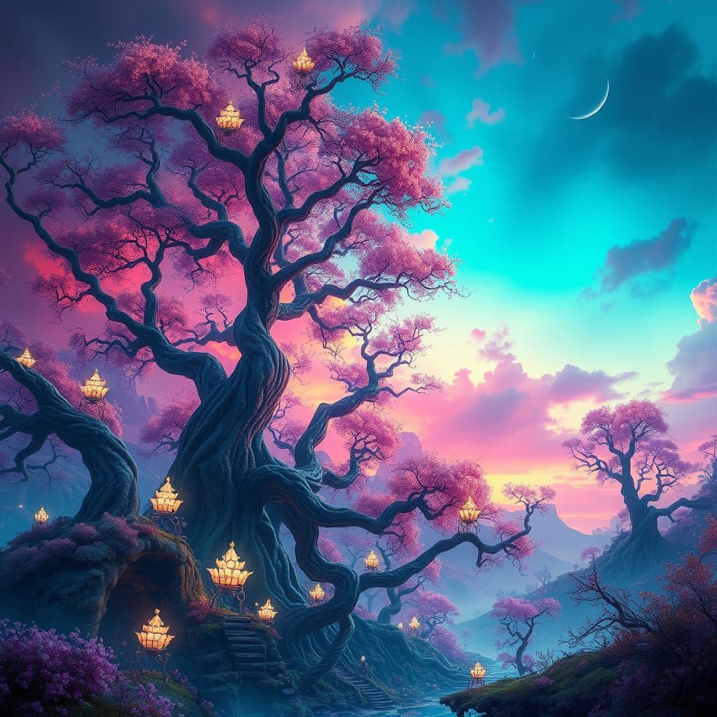 Majestic Dreamlike Landscape with Twisted Trees and Glowing....